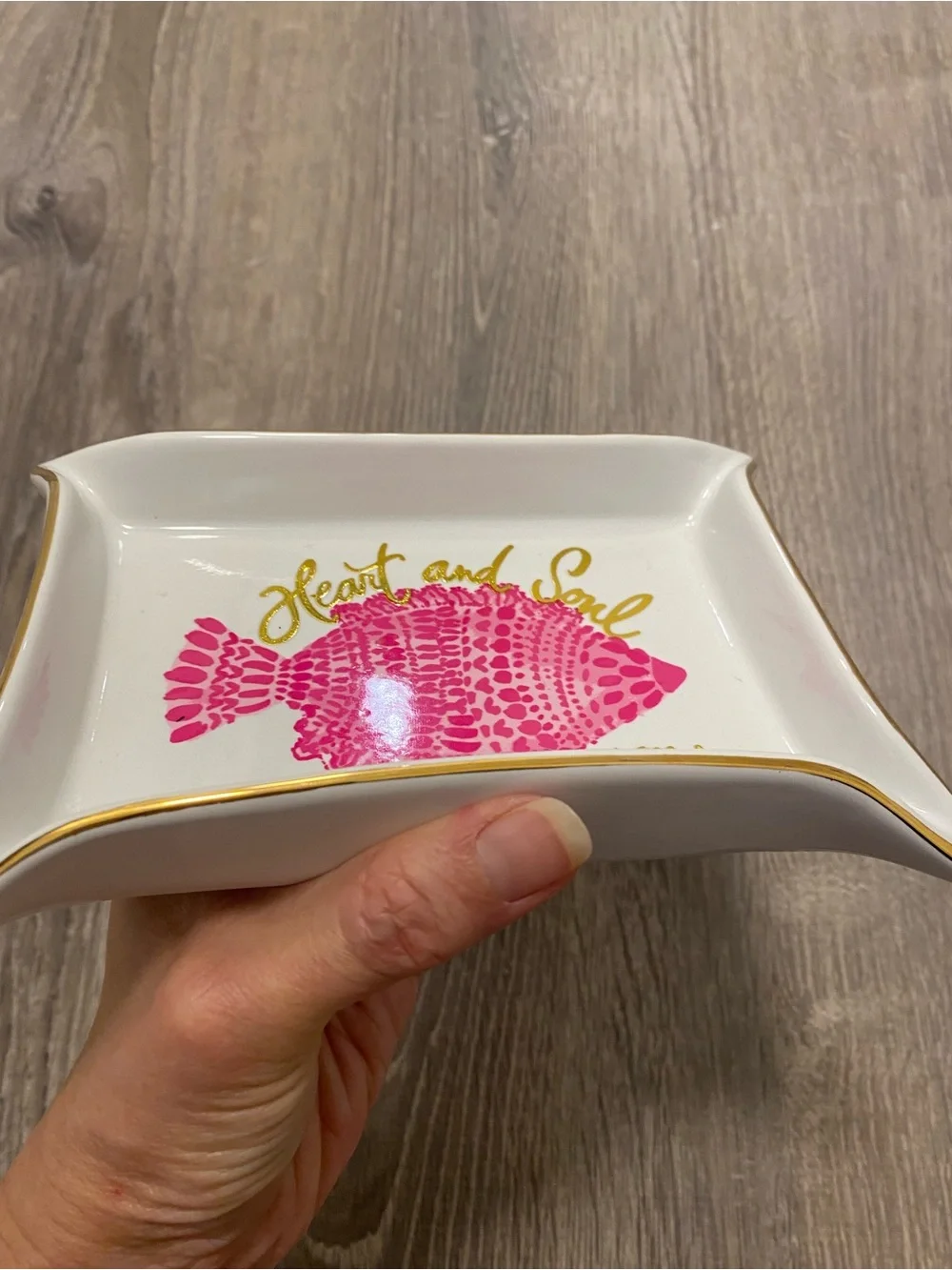 Lilly Pulitzer Heart and Soul Porcelain Trinket Jewelry Tray Pink Fish Gold Trim